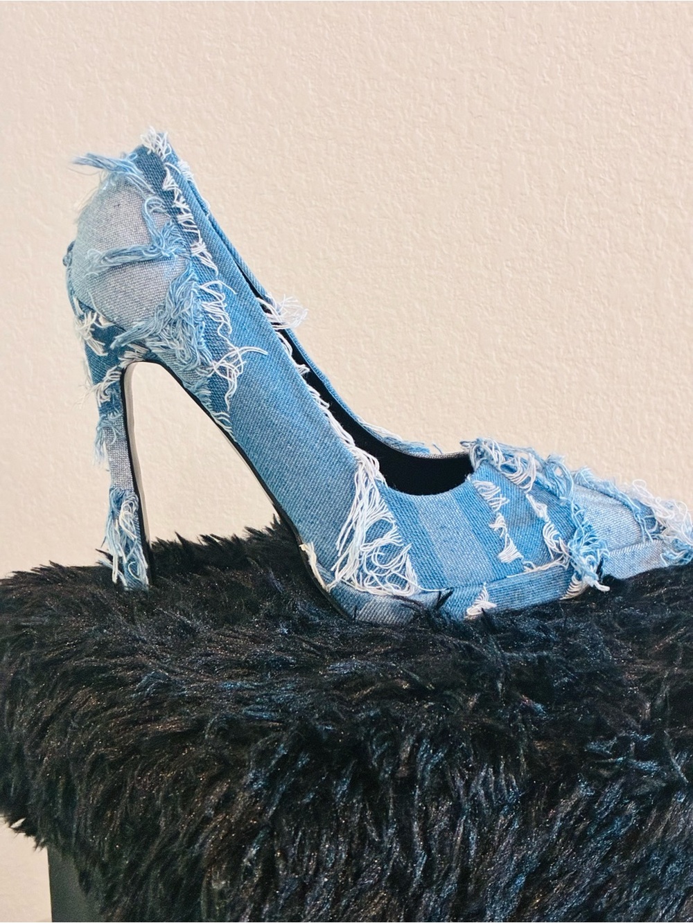 Frayed Denim Pointed Stiletto Pumps - Blue